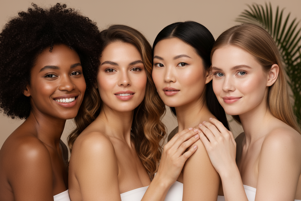 Four women of different races showing beautiful skin